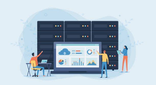 business technology cloud computing service concept and datacenter storage server connect on cloud with administrator and developer team working on dashboard monitor concept vector art illustration
