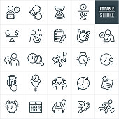A set of time management icons that include editable strokes or outlines using the EPS vector file. The icons include a business man working on laptop with a clock in the background, a person checking their watch, hourglass, person being trapped by time, a scale with a clock on one side and dollar sign on the other, a person juggling, clipboard with checkboxes, hand holding stopwatch, person taking an exam with clock in the background, business person holding a clock in his hand, a late business person running late, watch, time is money concept, business person holding two phones to ears, sticky note reminder, alarm clock, calendar, person with head in hands and clock in background, checkbox and other related icons.