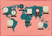 Vector illustration of a group of different styled clocks showing major city times on a world map a textured background. Includes high resolution jpg and editable Illustrator eps 10.