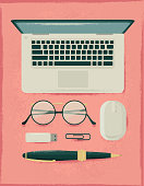 Vector illustration of a group of business tools, laptop, pen, paper clip, usb drive, eyeglasses, computer mouse on a textured background. Includes high resolution jpg and editable Illustrator eps 10.