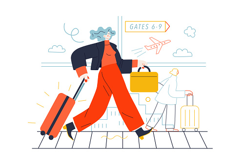 Business topics - business trip. Flat style modern outlined vector concept illustration. A young woman with a suitcase walking by the moving walkway in the airport. Business metaphor.