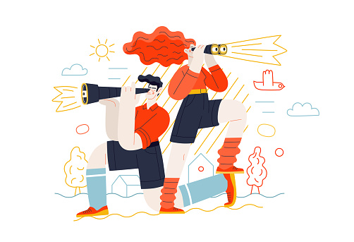 Business topics - development, research. Flat style modern outlined vector concept illustration. Young man looking through the telescope and a woman with binoculars. Business metaphor.