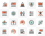Flat line icons set of business leadership, employee training. Unique color flat design pictogram with outline elements. Premium quality vector graphics concept for web, logo, branding, infographics.