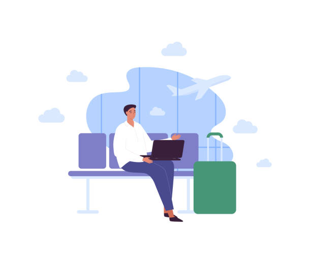business travel concept. vector flat people illustration. young adult businessman with laptop sitting in departure lounge on airport terminal window with air plane background. - business travel stock illustrations