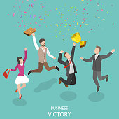 Business victory flat isometric vector concept. People with winner cup are jumping and rejoicing of their win.