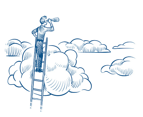 Business vision. Businessman with telescope standing on ladder among clouds. Successful future achievements sketch vector concept