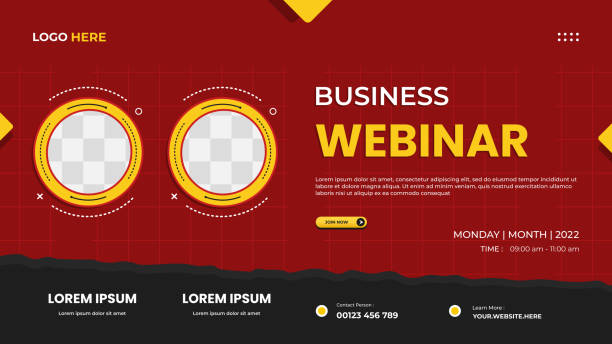 Business webinar website banner template with two circle frames, red background and torn paper shape vector art illustration