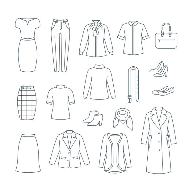 Business woman basic clothes and shoes line icons Business woman basic clothes and shoes set. Vector flat thin line icons. Office formal dress code outfit. Simple outline pictograms of dress, skirt, jacket, coat, trousers, shirt, bag, boots. blouse stock illustrations