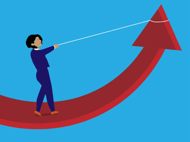 Business woman changes direction of arrow. Business woman using a rope to change direction of arrow. wall street stock illustrations