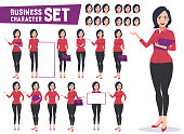 Business woman character vector set with professional young female employee or teacher standing in different gestures and pose for business presentation. Vector illustration.