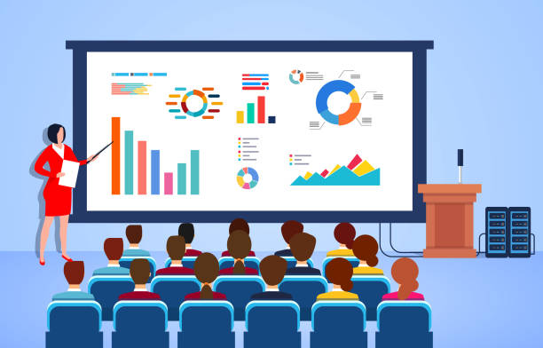Business woman doing business report on business data, marketing, financial analysis on the podium Business woman doing business report on business data, marketing, financial analysis on the podium presentation speech silhouettes stock illustrations