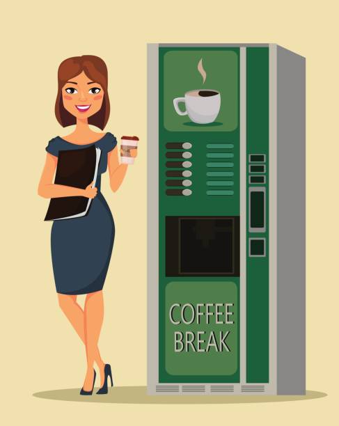 geschäftsfrau, kaffeetrinken in der nähe von kaffee-automaten. vektor-illustration - kaffeeautomat stock-grafiken, -clipart, -cartoons und -symbole