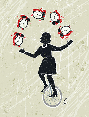 Business Woman Juggling Alarm Clocks Whilst Riding a Unicycle