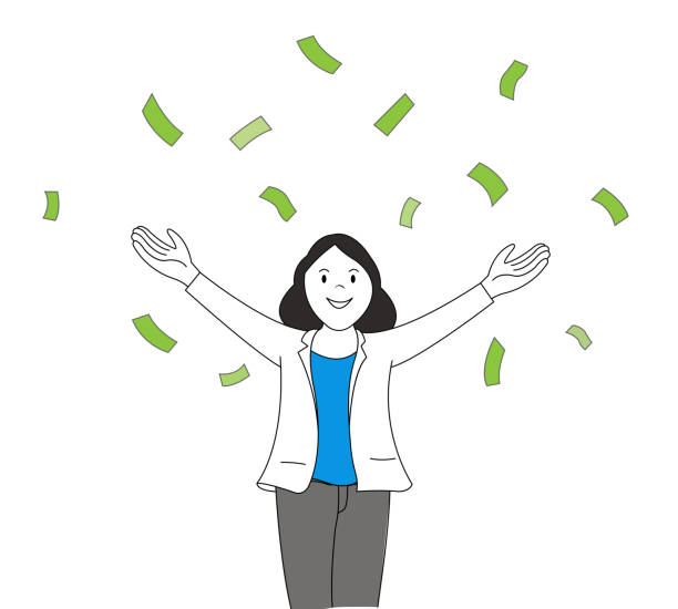 business woman open arm with money falling vector art illustration