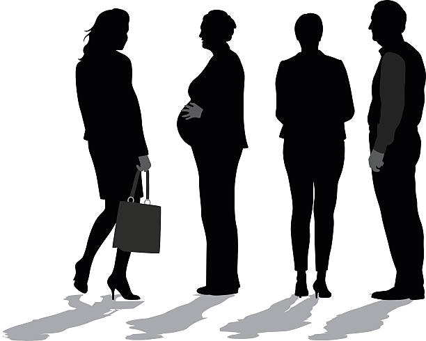 Business Woman  Pregnant And Working A vector silhouette illustration of a pregnant woman standing with an elderly couple and a young woman. pregnant silhouettes stock illustrations