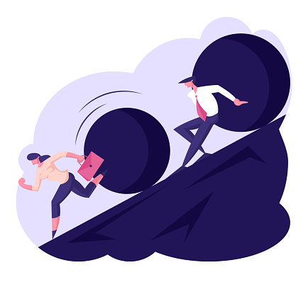 Business Woman Running Away From Big Stone Rolling Down from Hill. Businessman Prop Up Huge Rock by his Back. Threatening Big Problem to Businesspeople Concept. Cartoon Flat Vector Illustration