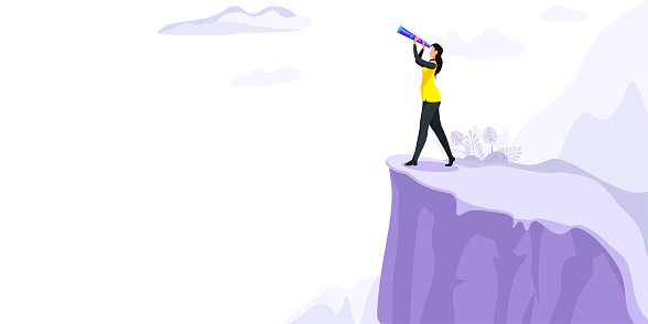 business woman standing on top of a mountain looking into the telescope, the employee climbed the peak and hoisted the flag, business concept success and search opportunities