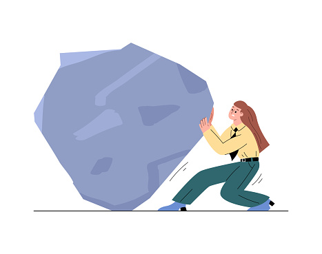 Business woman trying to stop a rolling stone, flat vector illustration isolated.