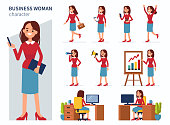 Business woman character in different poses. Flat style vector illustration isolated on white background.