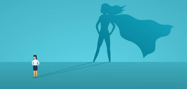 Business woman with big shadow superhero. Super manager leader in business. Concept of success, quality of leadership, trust, emancipation. Vector illustration flat style. Business woman with big shadow superhero. Super manager leader in business. Concept of success, quality of leadership, trust, emancipation. Vector illustration flat style. cape stock illustrations