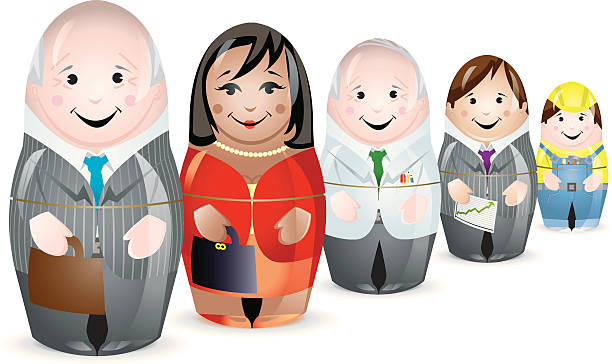 Business workforce Multiracial Team A concept illustration of a set of business nesting dolls, suggesting teamwork, co-operation, working together, success and growth. All dolls, pre-cut into two halves for easy manipulation, all dolls are on separate layers. Pdf and jpg files are included. russian nesting doll stock illustrations