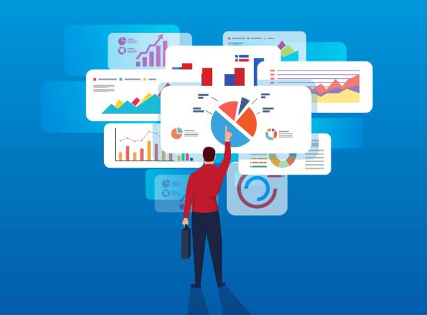 Businessman analyzes page data Businessman analyzes page data business market stock illustrations