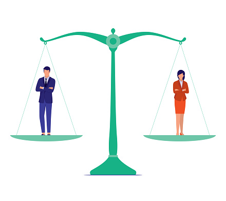Businessman And Businesswoman Standing On A Scales Of Justice. Gender Equality Concept. Vector Illustration Flat Cartoon.