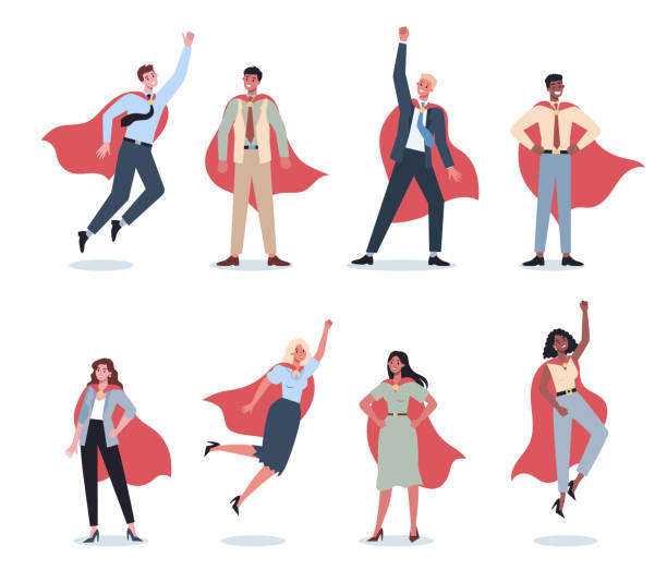 Businessman and businesswoman with red superhero cloak set. Man and woman Businessman and businesswoman with red superhero cloak set. Man and woman with a power and motivation in different poses. Idea of leadership. Flat vector illustration cape stock illustrations