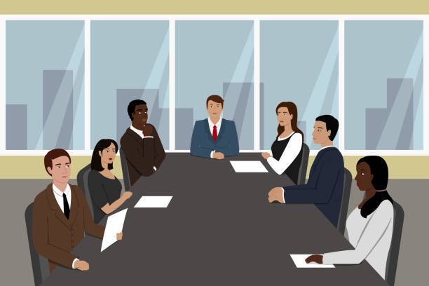 Businessman and his employees seating at meeting table. Vector illustration Businessman and his employees seating at meeting table. Vector illustration. board of directors stock illustrations