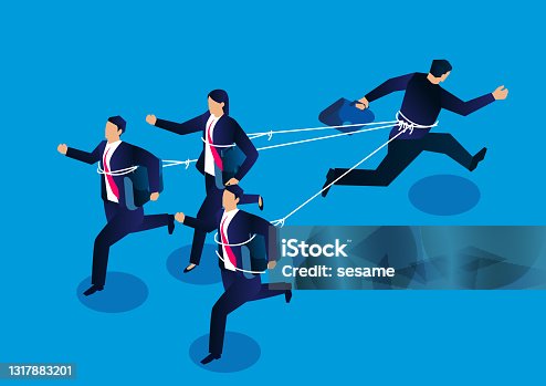 istock A businessman and three businessmen are tied with ropes and run in opposite directions, the concept of business competition and conflict 1317883201