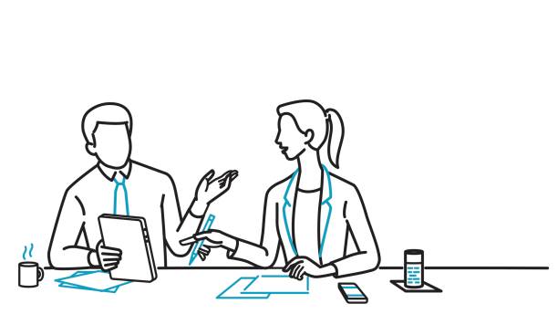 Businessman and woman discussing Businessman and businesswoman sitting on table, holding digital tablet, discussing together. Line art, linear, outline, thin line, hand drawn sketching design, simple style. business meeting stock illustrations
