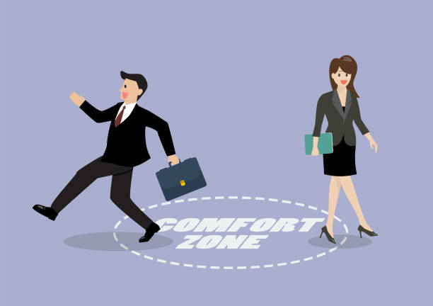 Businessman and woman exit from comfort zone Businessman and woman exit from comfort zone. Business concept businessman borders stock illustrations