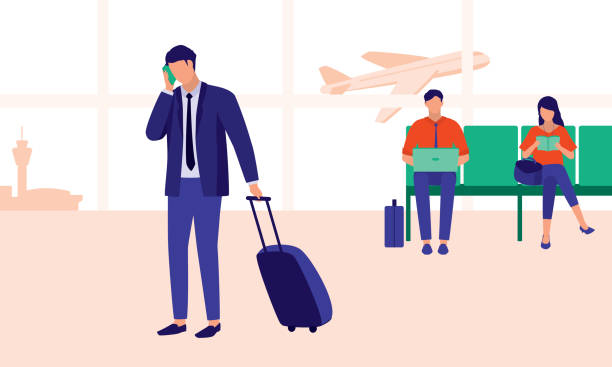 havaalanındaki işadamı. i̇ş seyahati konsepti. vektör düz karikatür i̇llüstrasyon. - business travel stock illustrations
