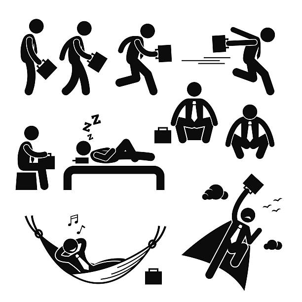 Businessman Business Man Walking Running Sleeping Flying Stick Figure Pictogram A set of human pictogram reprensenting business businessman poses and action of standing, walking, running, dashing, sitting, sleeping, squatting, resting relaxing on hammock, and flying up to the sky. sleeping silhouettes stock illustrations