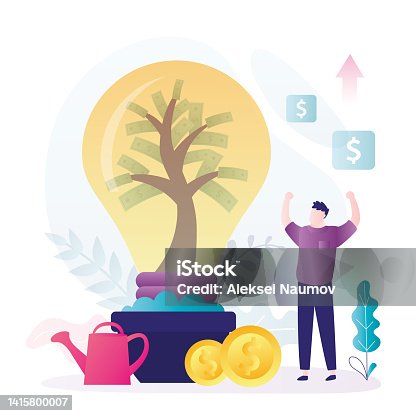 istock Businessman came up with new idea how to make money. Entrepreneur growing money tree in lamp 1415800007