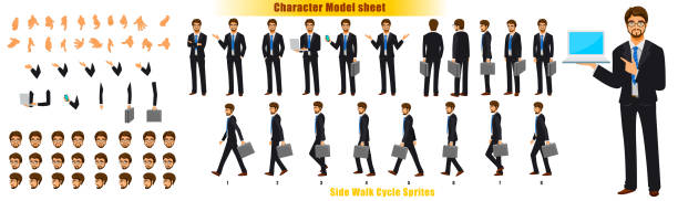 Businessman Character Turnaround Businessman Character Model sheet with Walk cycle Animation Sequence entrepreneur borders stock illustrations