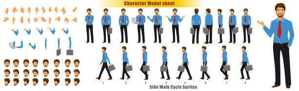 Businessman Character Turnaround Businessman Character Model sheet with Walk cycle Animation Sequence entrepreneur borders stock illustrations