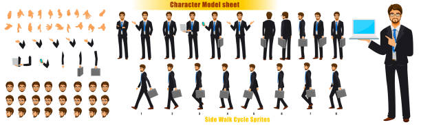 Businessman Character Turnaround Businessman Character Model sheet with Walk cycle Animation Sequence businessman borders stock illustrations