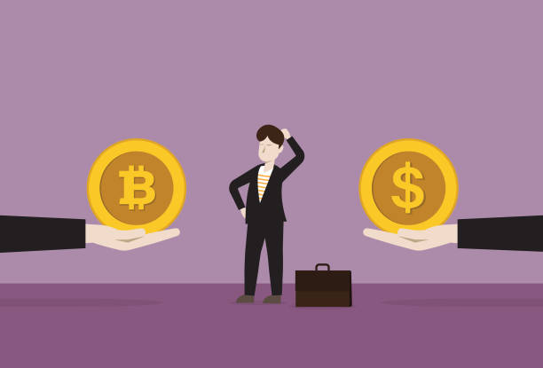 Businessman chooses between cryptocurrency coin or US dollar coin vector art illustration