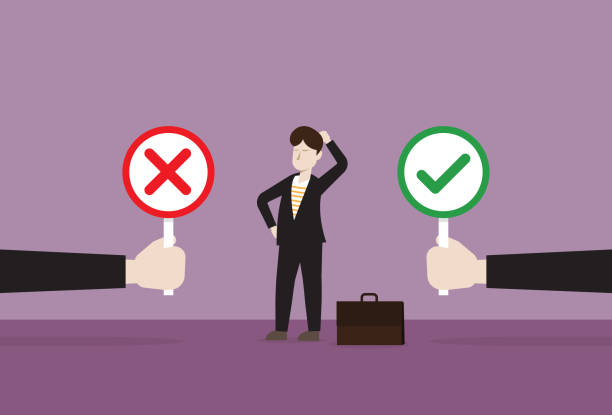 Businessman chooses between the right or wrong sign vector art illustration