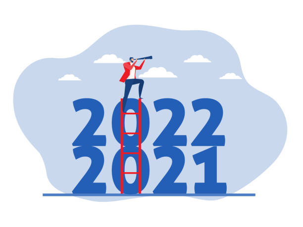 businessman climb up ladder to see through telescope on year 2022 number for compare 2020.Future Goal And Plans.Business target concept flat vector illustrator vector art illustration