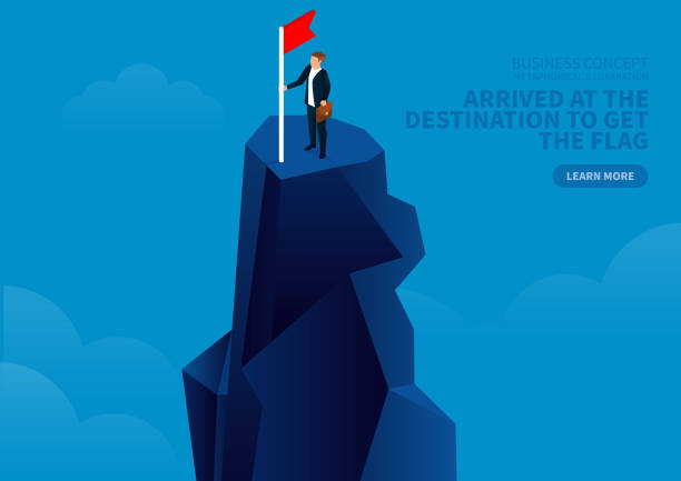 Businessman climbed to the top and got the flag Businessman climbed to the top and got the flag cliffs stock illustrations