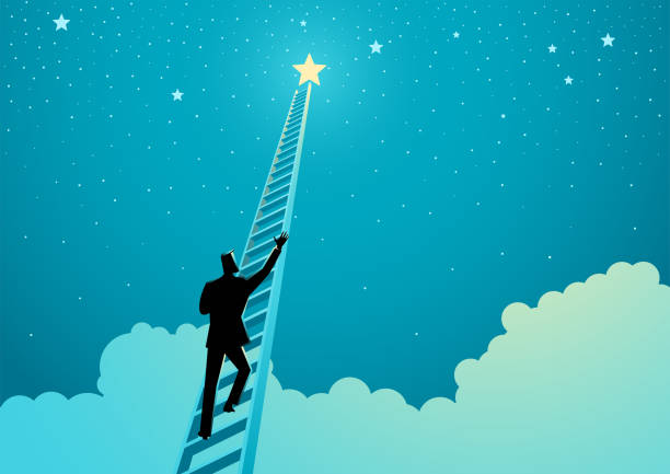 бизнесмен поднимается по лестнице, чтобы протянуть руку к звездам - большой stock illustrations