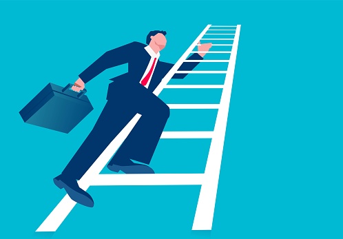 Businessman climbing up the ladder, business concept illustration, career development and promotion