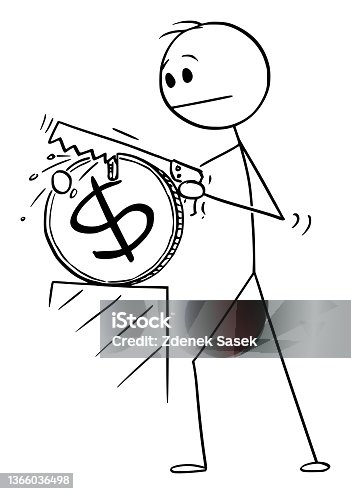 istock Businessman Cutting Dollar Coin in Half, Recession and Inflation, Vector Cartoon Stick Figure Illustration 1366036498