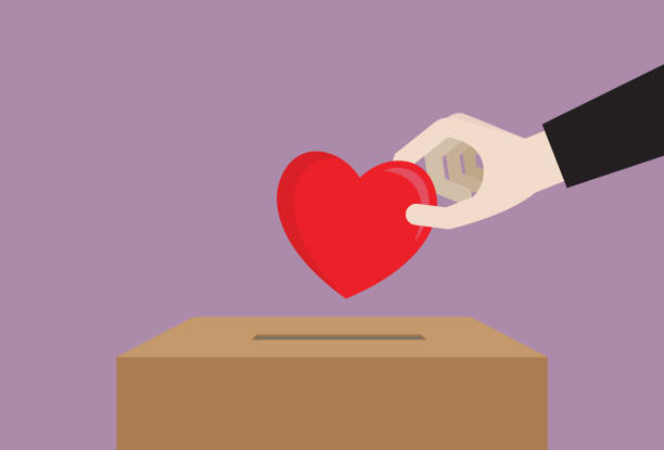 ilustraciones, imágenes clip art, dibujos animados e iconos de stock de empresario deja caer un corazón en una caja de donación - giving tuesday