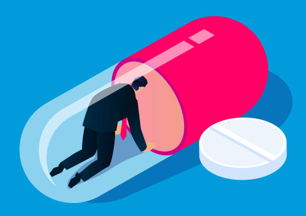 Businessman drug abuse addiction and kneel down inside capsule medicament vector art illustration