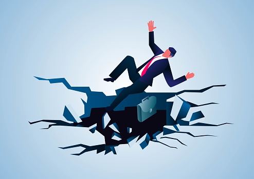 Businessman falls into cracked underground cave, business concept illustration