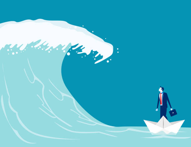 бизнесмены находят препятствия на пути к успеху. иллюстрация вектора концептуального бизнеса, бумажная лодка, волна цунами, вызовы. - tsunami stock illustrations