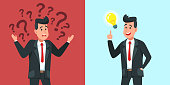 Businessman find idea. Confused business worker wonders and finds solution or solved problem. Solution emerging, person finding innovation ideas or worried forgetful man cartoon vector illustration